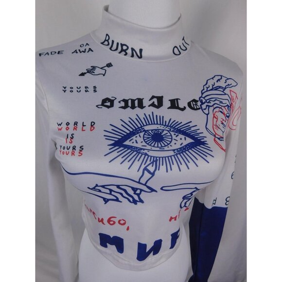 SHEIN Shirt Womens Medium White Blue Red Graphic Mock Neck Long Sleeve Crop - Picture 4 of 12